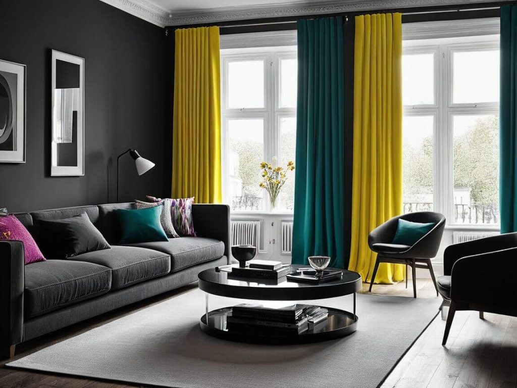 Best Large Living Room Curtain Decor Ideas:Colour Contrast 