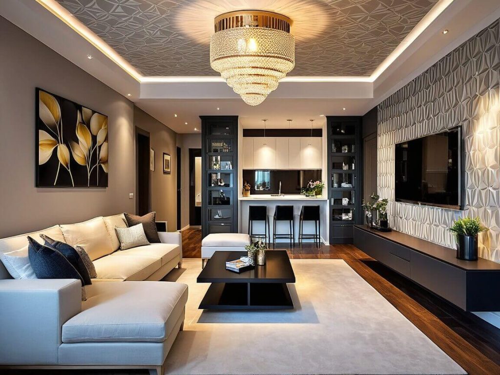 Cozy Small Living Room Decor Ideas: Ceiling with Lights and Wallpaper