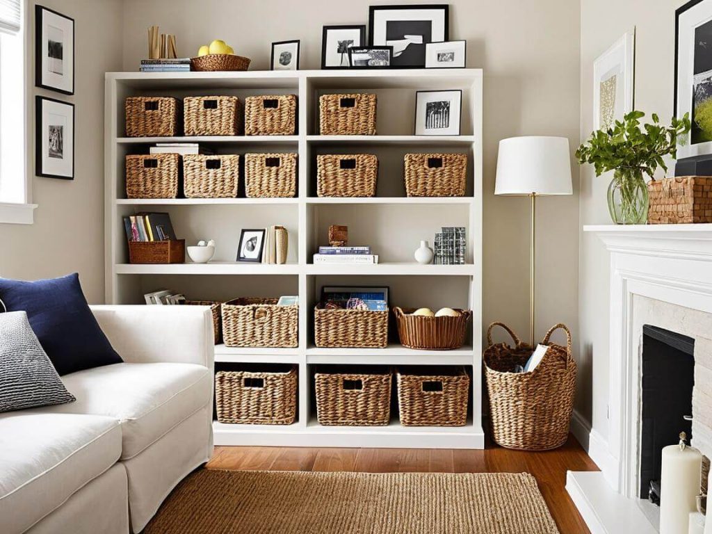 Cozy Small Living Room:Hang Storage Baskets