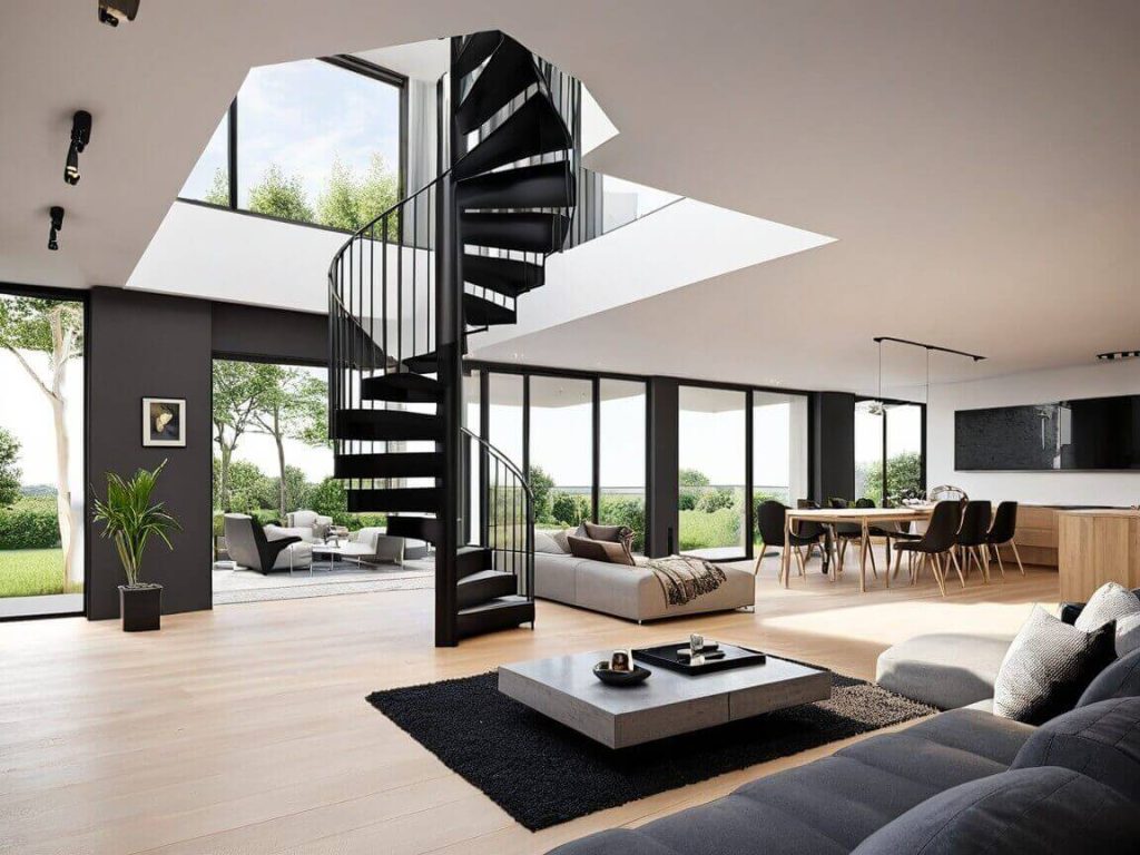 Large living room with spiral stairs